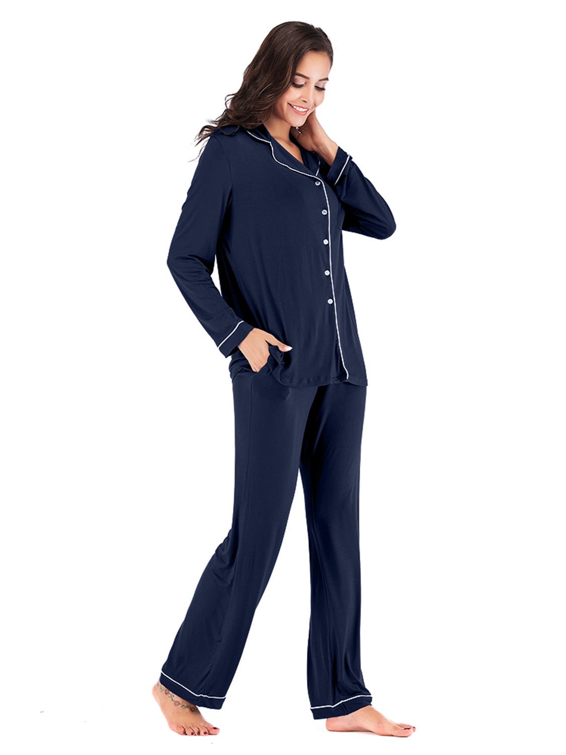 Collared Neck Long Sleeve Loungewear Set with Pockets - Runway Regalia