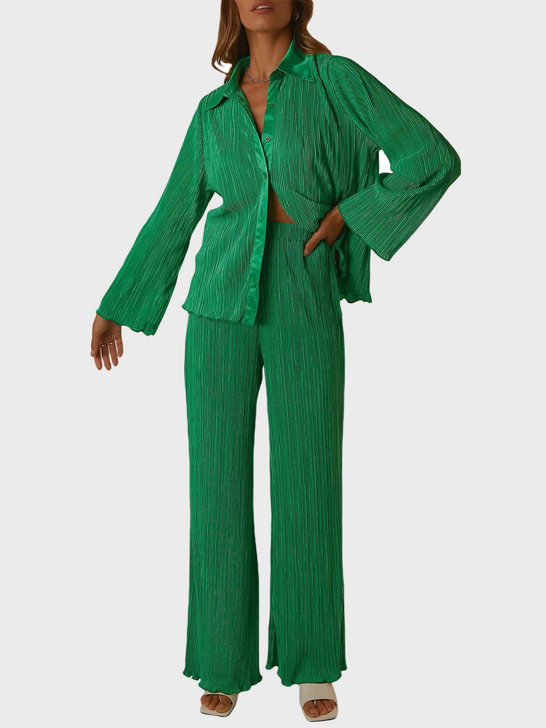 Collared Neck Long Sleeve Top and Pants Lounge Set - Runway Regalia