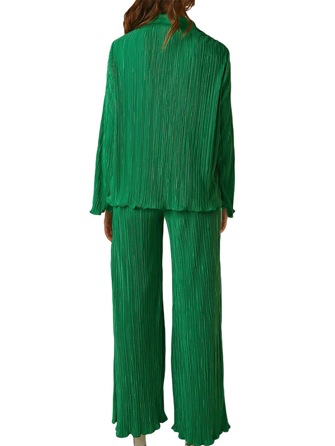 Collared Neck Long Sleeve Top and Pants Lounge Set - Runway Regalia