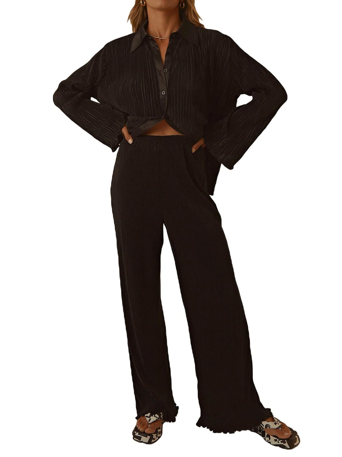 Collared Neck Long Sleeve Top and Pants Lounge Set - Runway Regalia