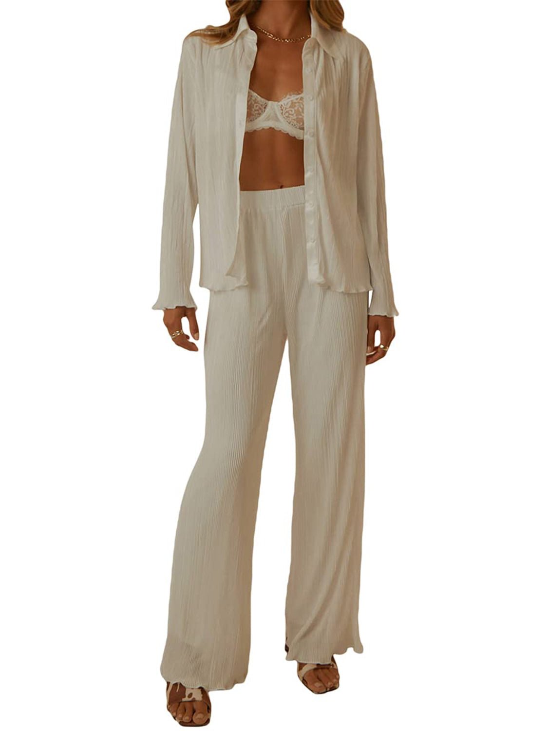 Collared Neck Long Sleeve Top and Pants Lounge Set - Runway Regalia