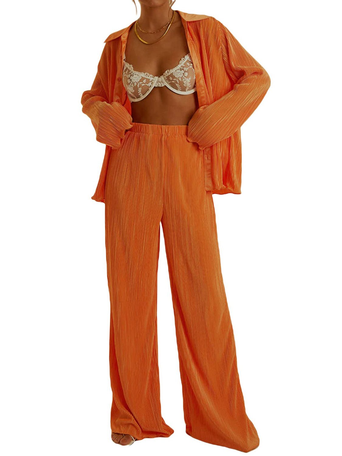 Collared Neck Long Sleeve Top and Pants Lounge Set - Runway Regalia