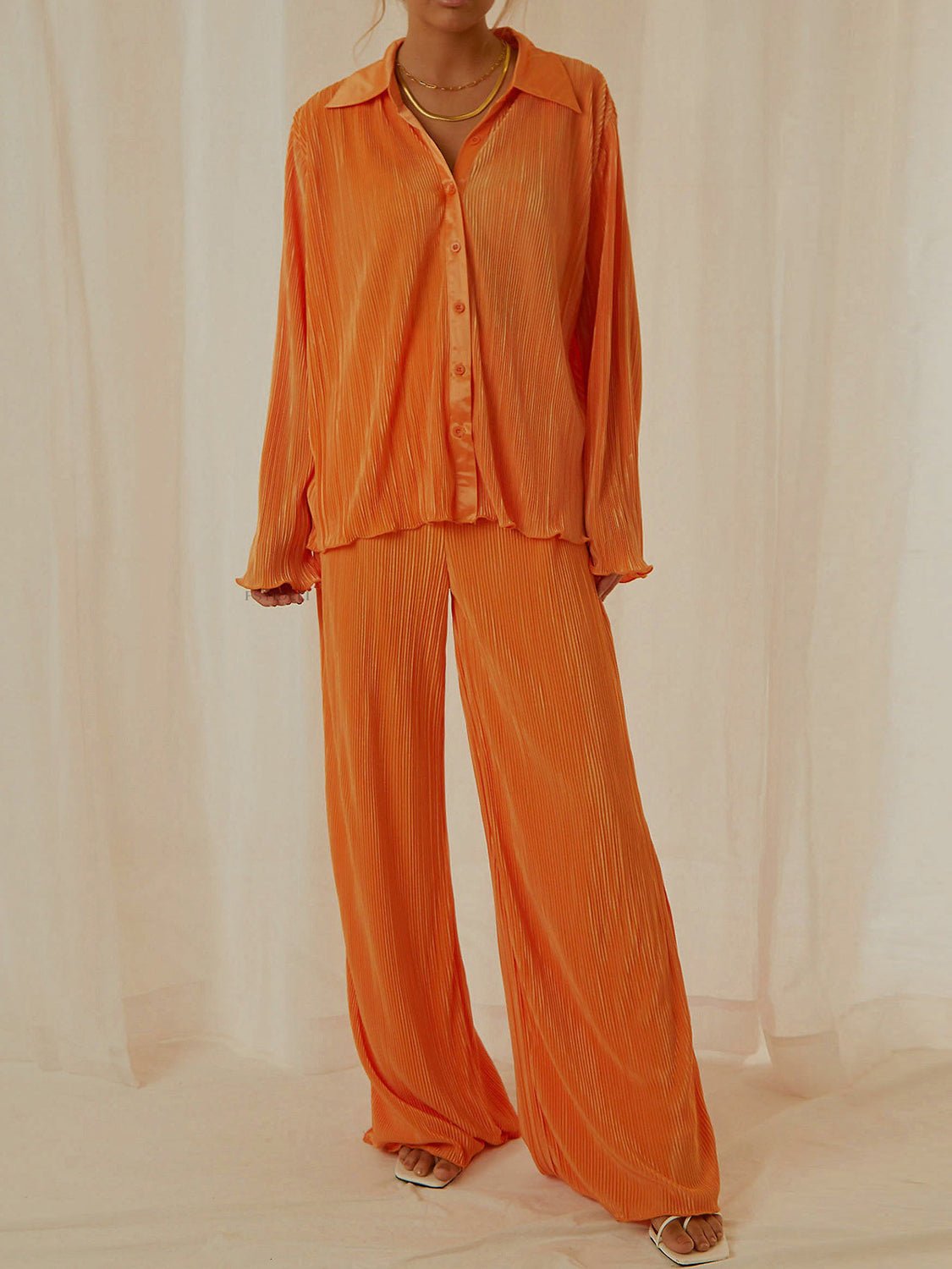 Collared Neck Long Sleeve Top and Pants Lounge Set - Runway Regalia