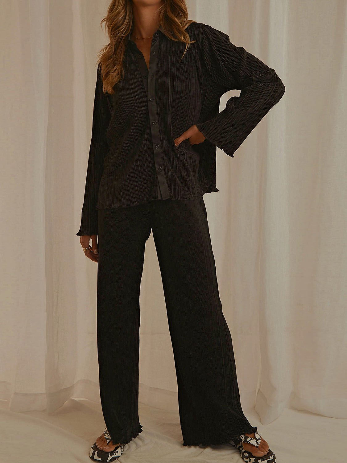 Collared Neck Long Sleeve Top and Pants Lounge Set - Runway Regalia