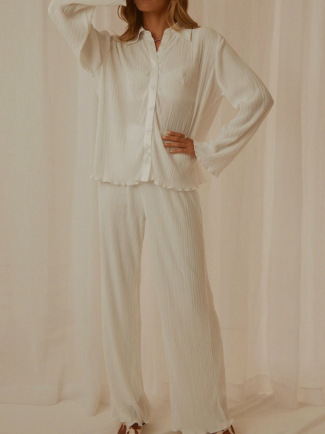 Collared Neck Long Sleeve Top and Pants Lounge Set - Runway Regalia