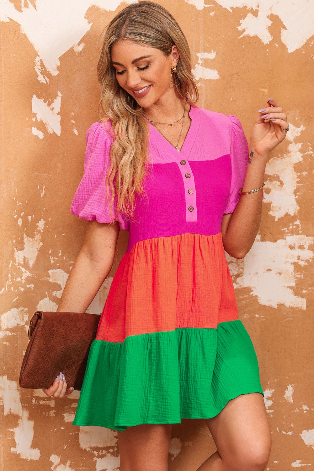 Color Block Buttoned Puff Sleeve Dress - Runway Regalia