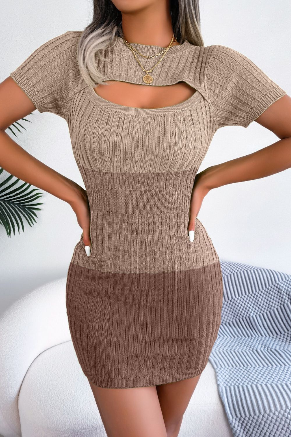 Color Block Cutout Short Sleeve Sweater Dress - Runway Regalia