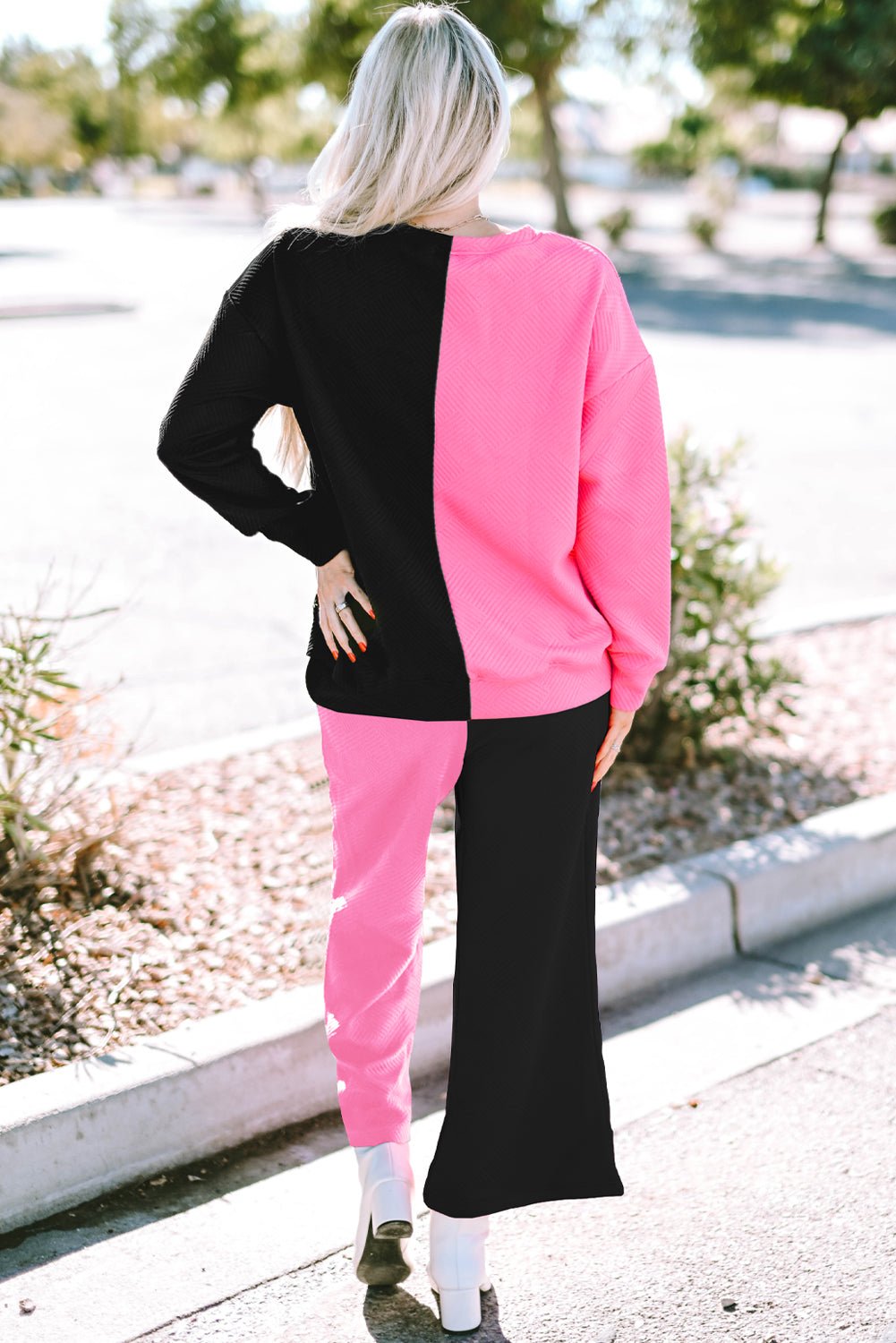 Color Block Round Neck Sweatshirt and Pants Set - Runway Regalia