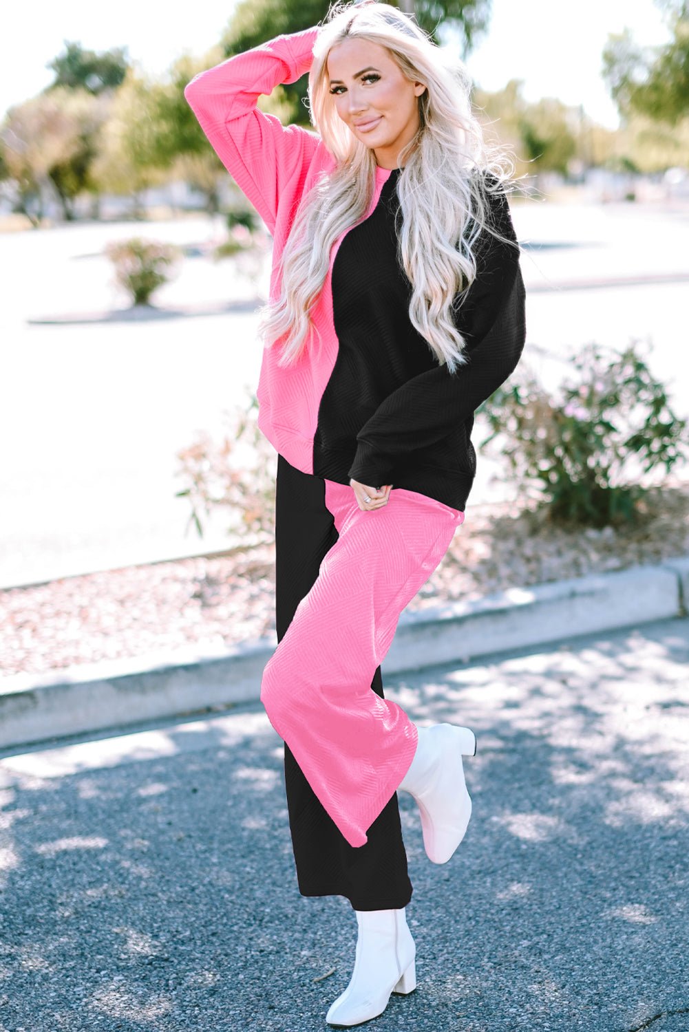 Color Block Round Neck Sweatshirt and Pants Set - Runway Regalia