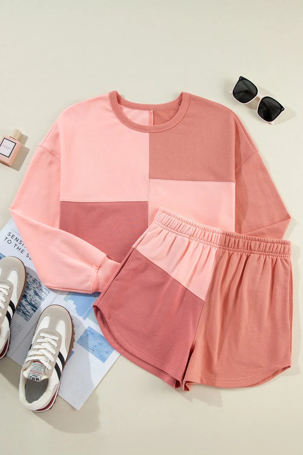 Color Block Round Neck Top and Shorts Set - Runway Regalia