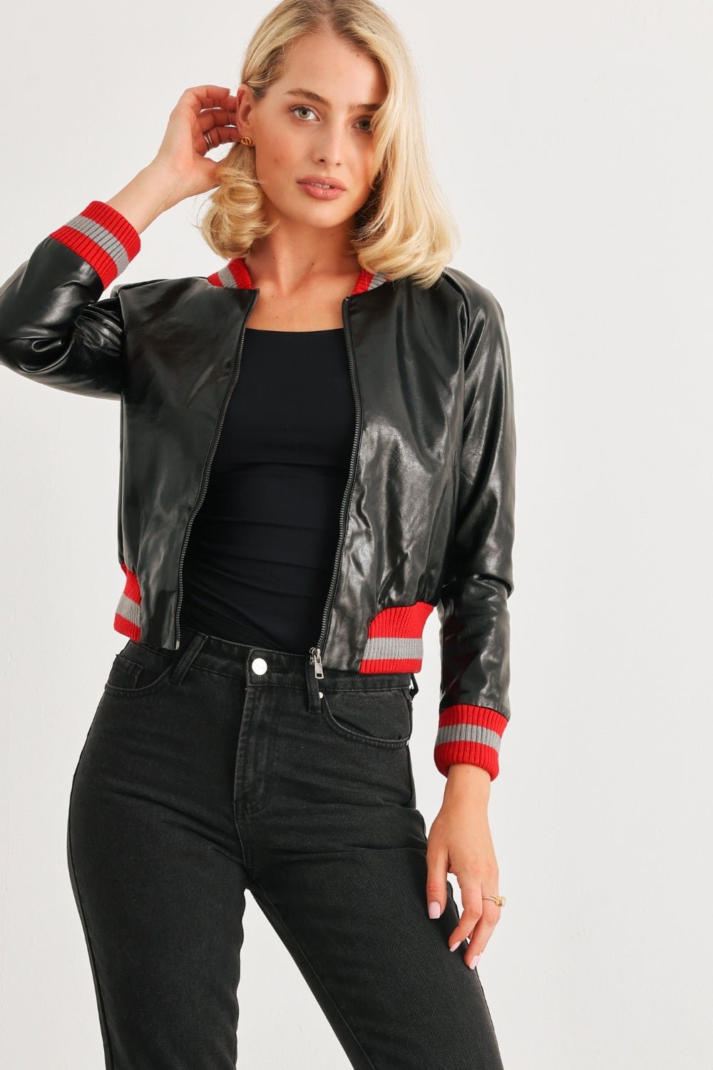 Comme PU Leather Baseball Collar Long Sleeve Jacket - Runway Regalia