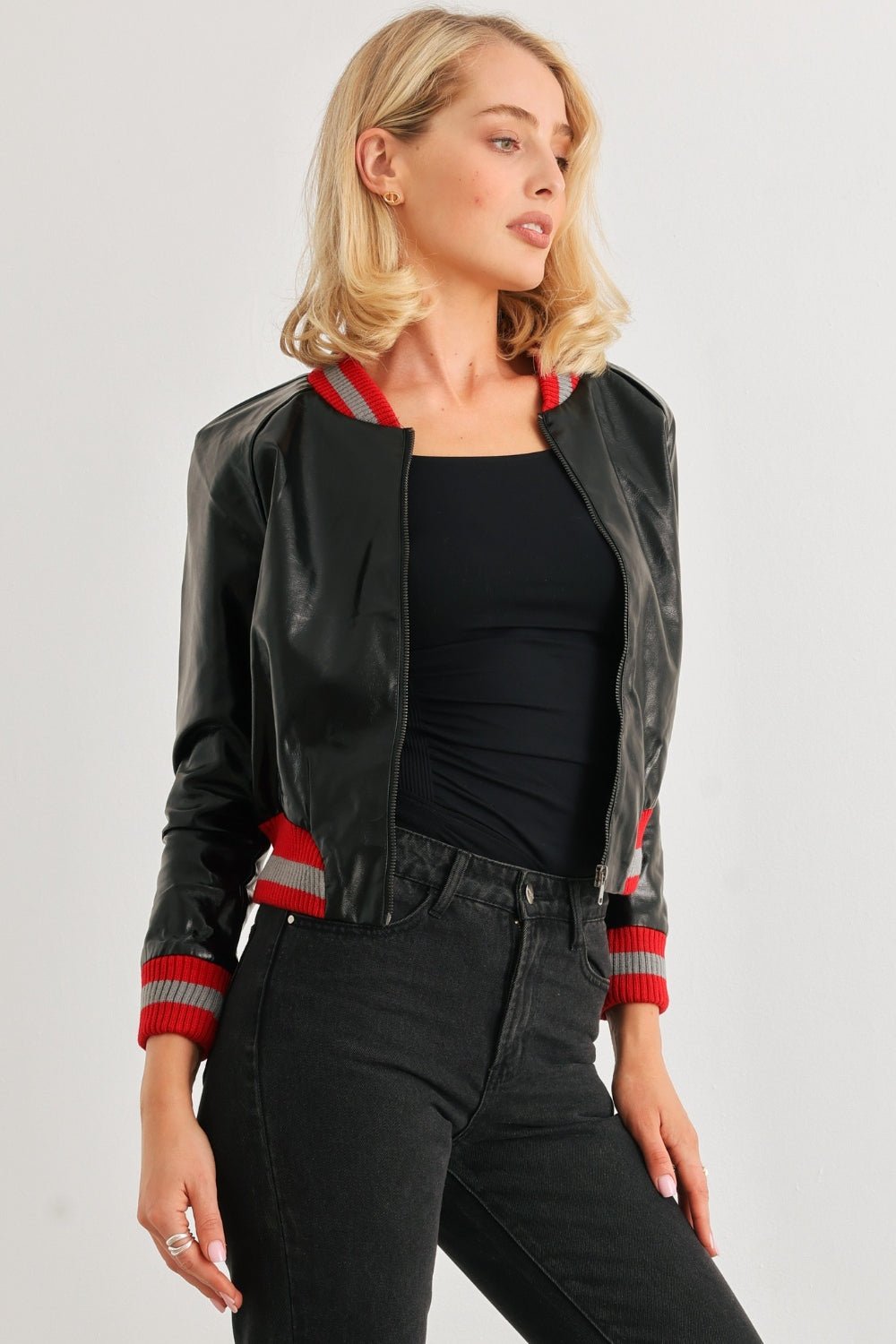 Comme PU Leather Baseball Collar Long Sleeve Jacket - Runway Regalia