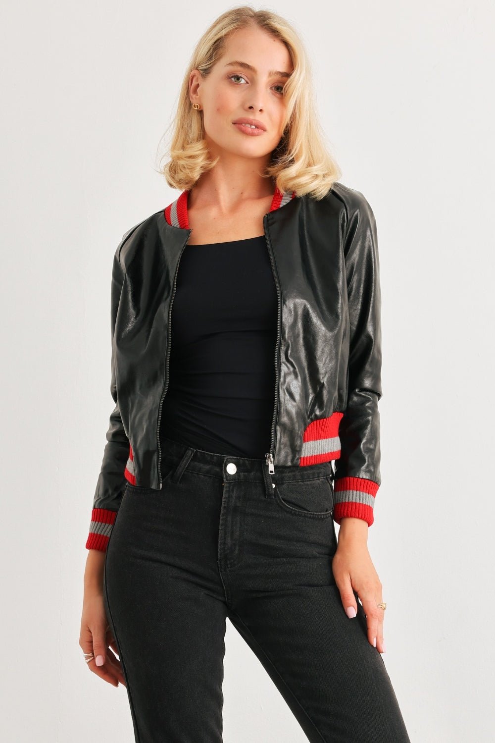 Comme PU Leather Baseball Collar Long Sleeve Jacket - Runway Regalia