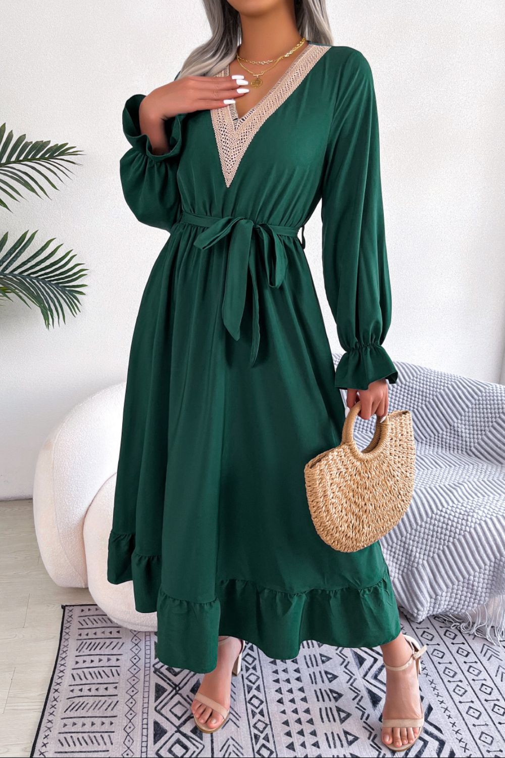 Contrast Belted Flounce Sleeve Dress - Runway Regalia