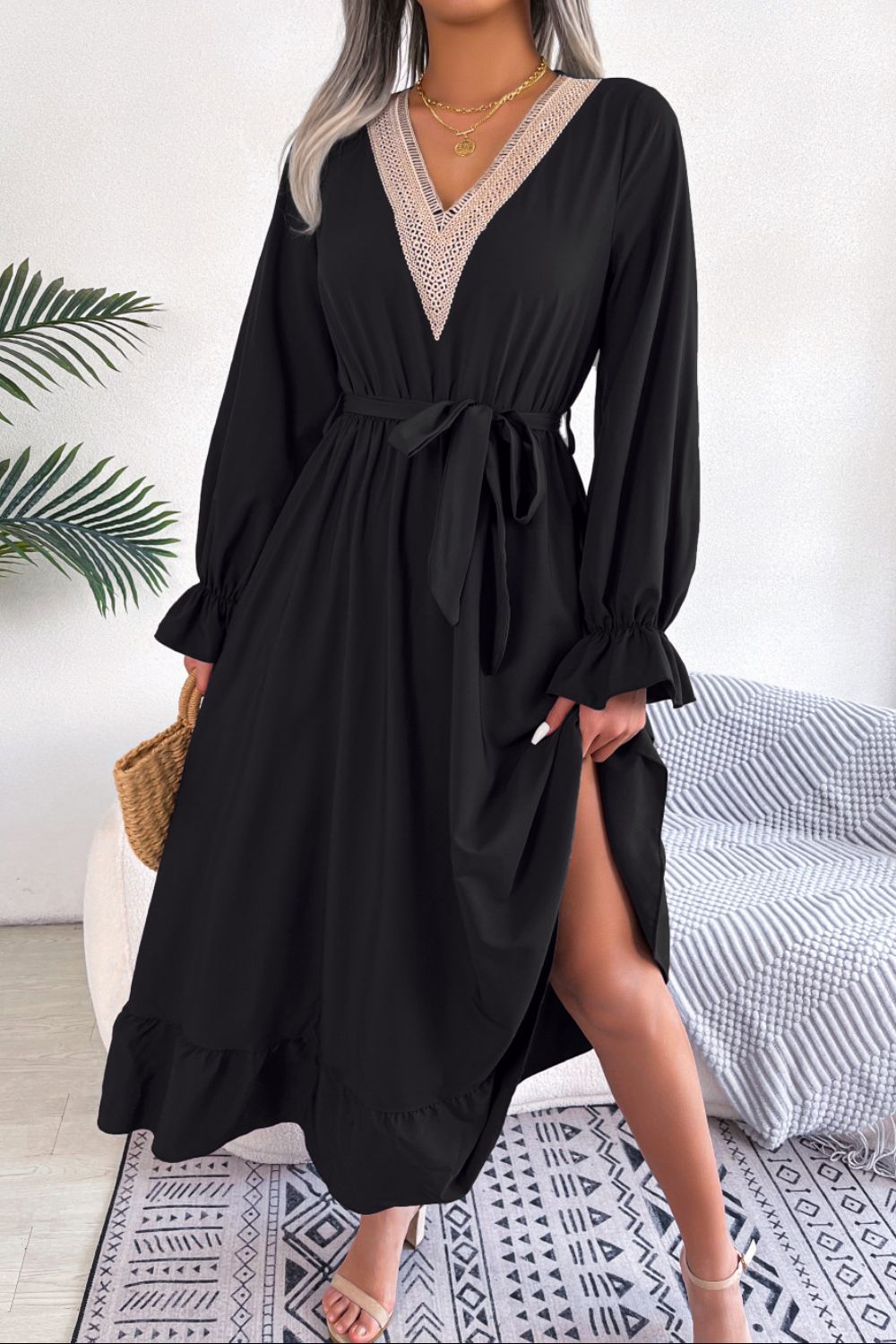 Contrast Belted Flounce Sleeve Dress - Runway Regalia