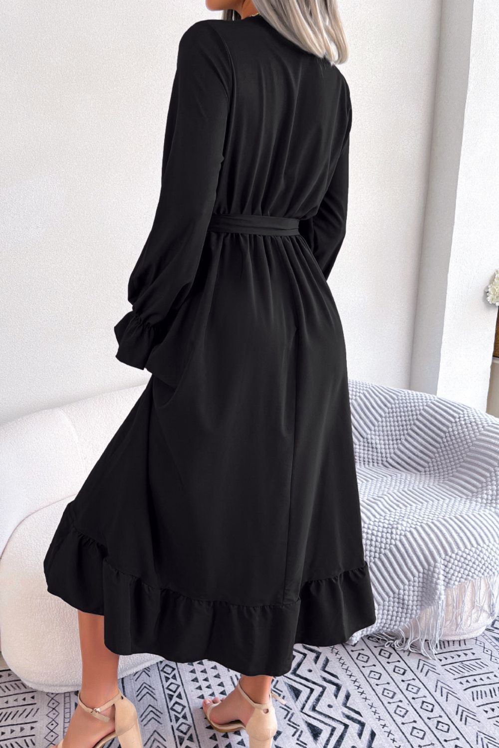 Contrast Belted Flounce Sleeve Dress - Runway Regalia