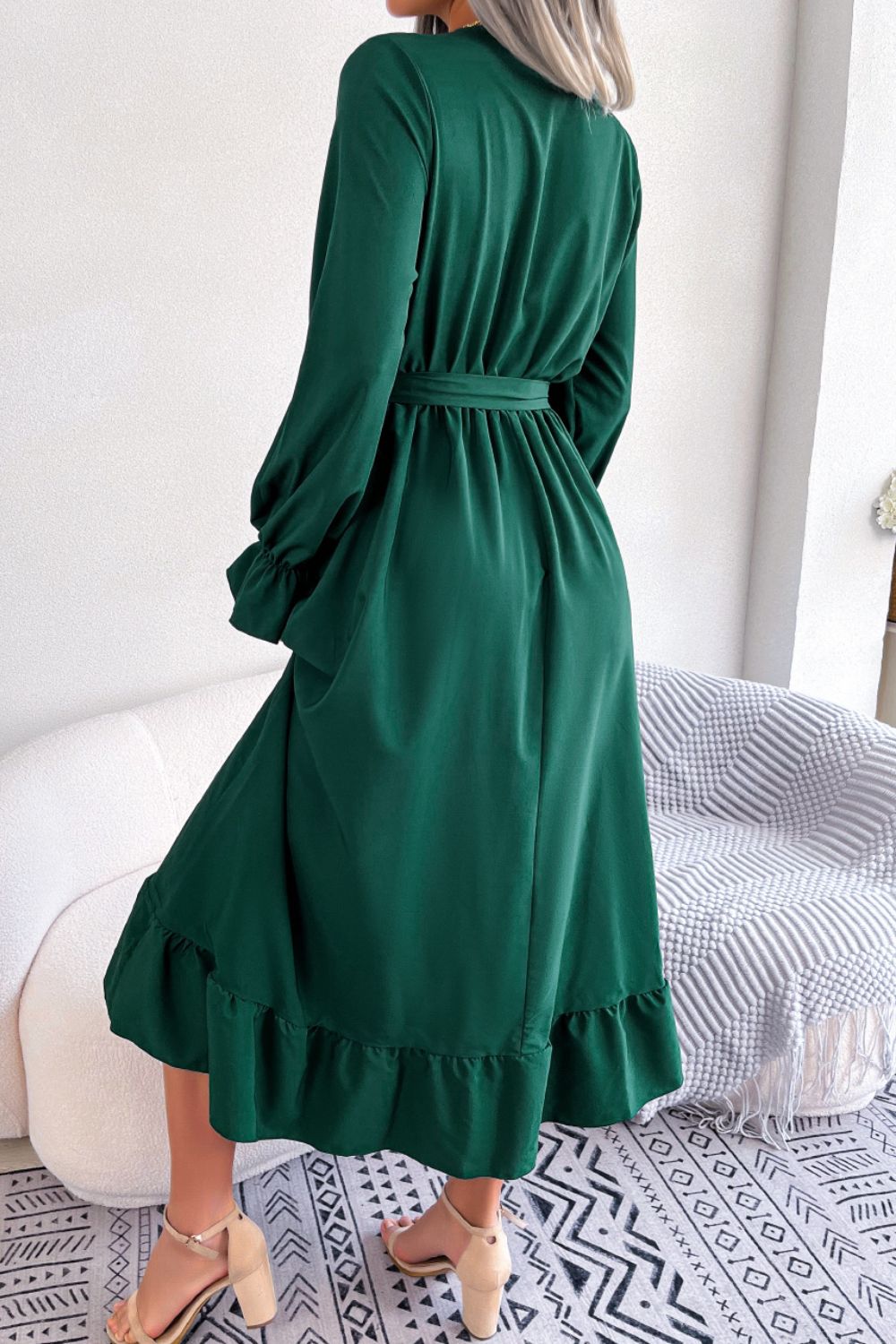 Contrast Belted Flounce Sleeve Dress - Runway Regalia