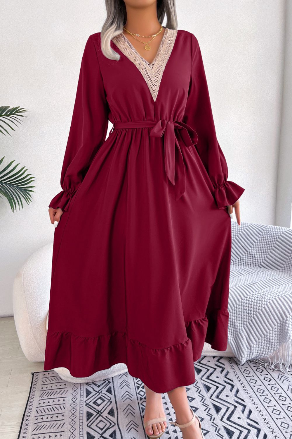 Contrast Belted Flounce Sleeve Dress - Runway Regalia