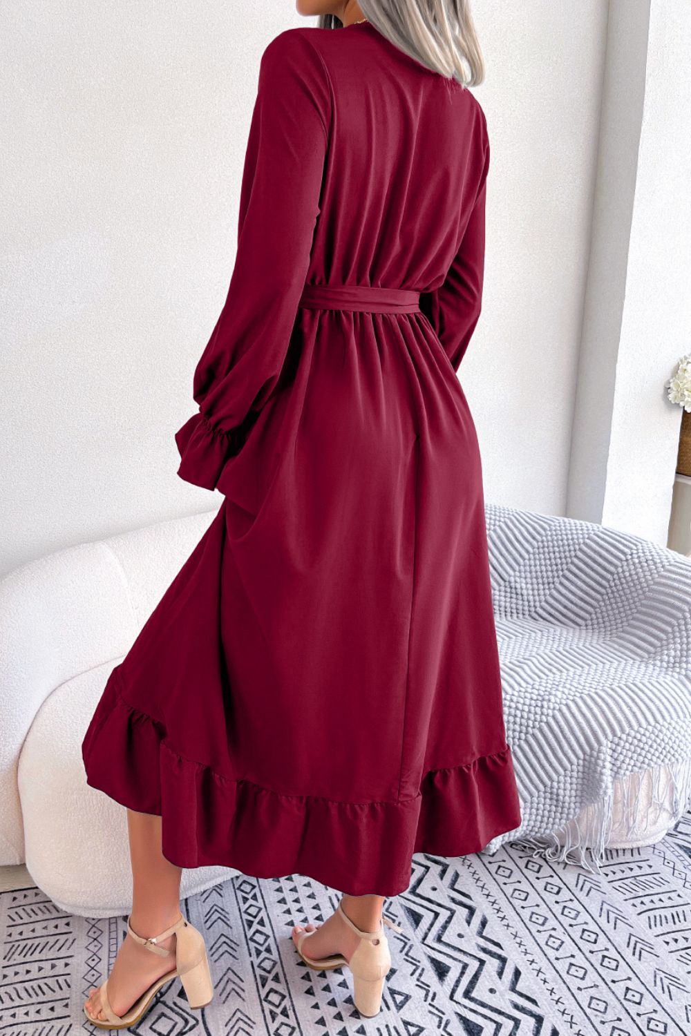 Contrast Belted Flounce Sleeve Dress - Runway Regalia