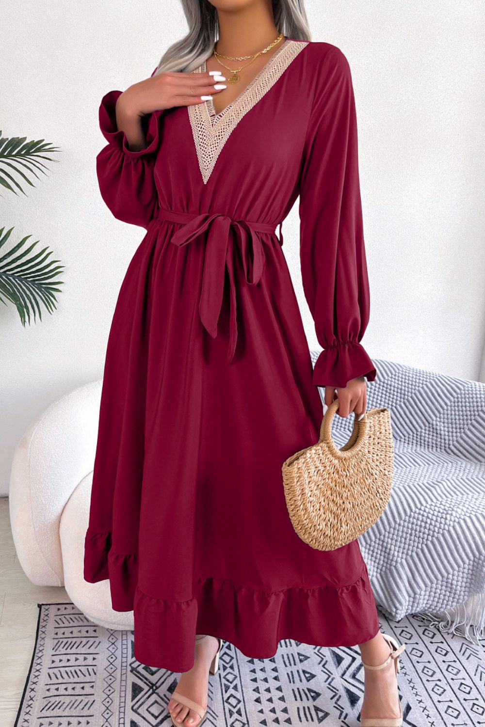 Contrast Belted Flounce Sleeve Dress - Runway Regalia