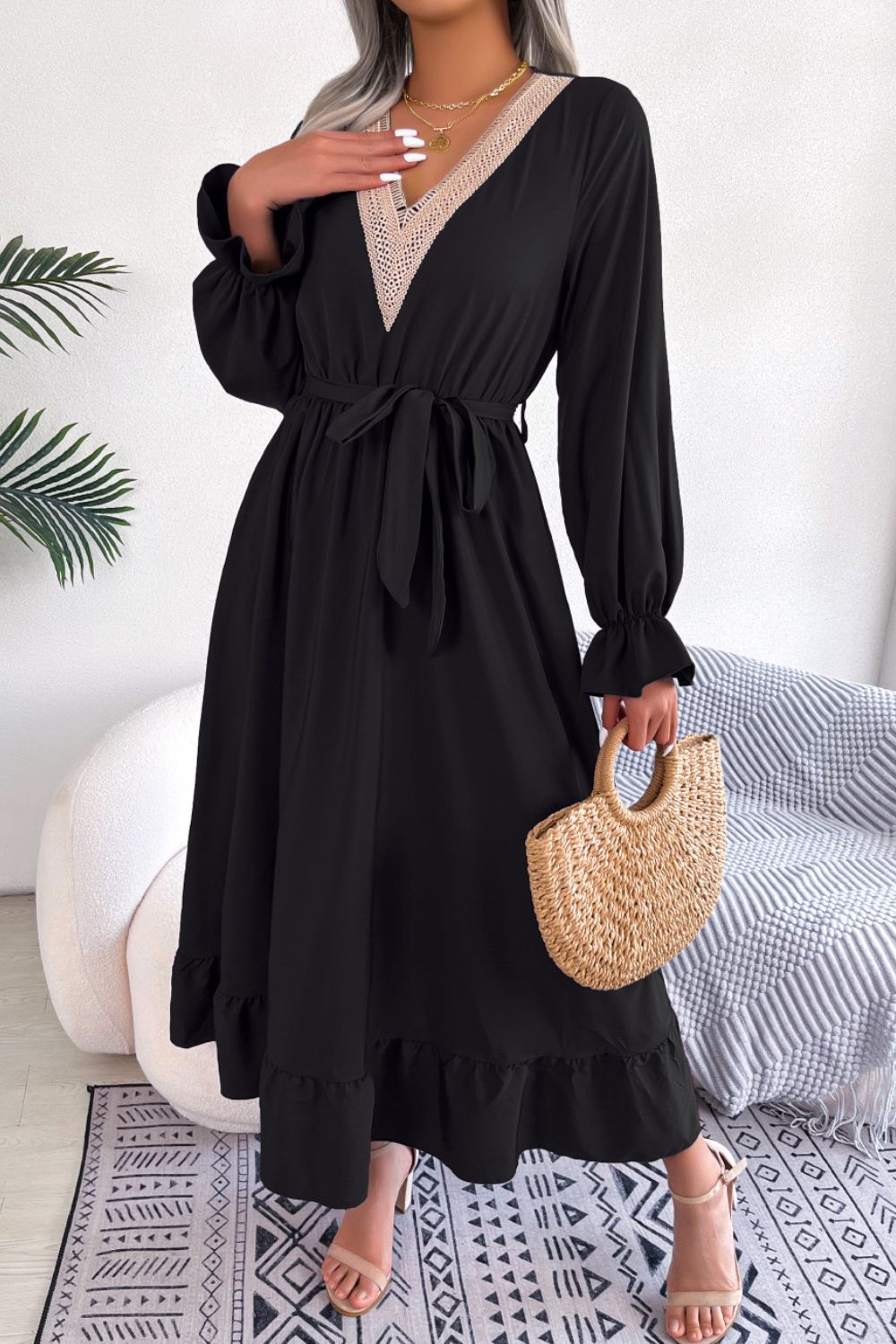 Contrast Belted Flounce Sleeve Dress - Runway Regalia