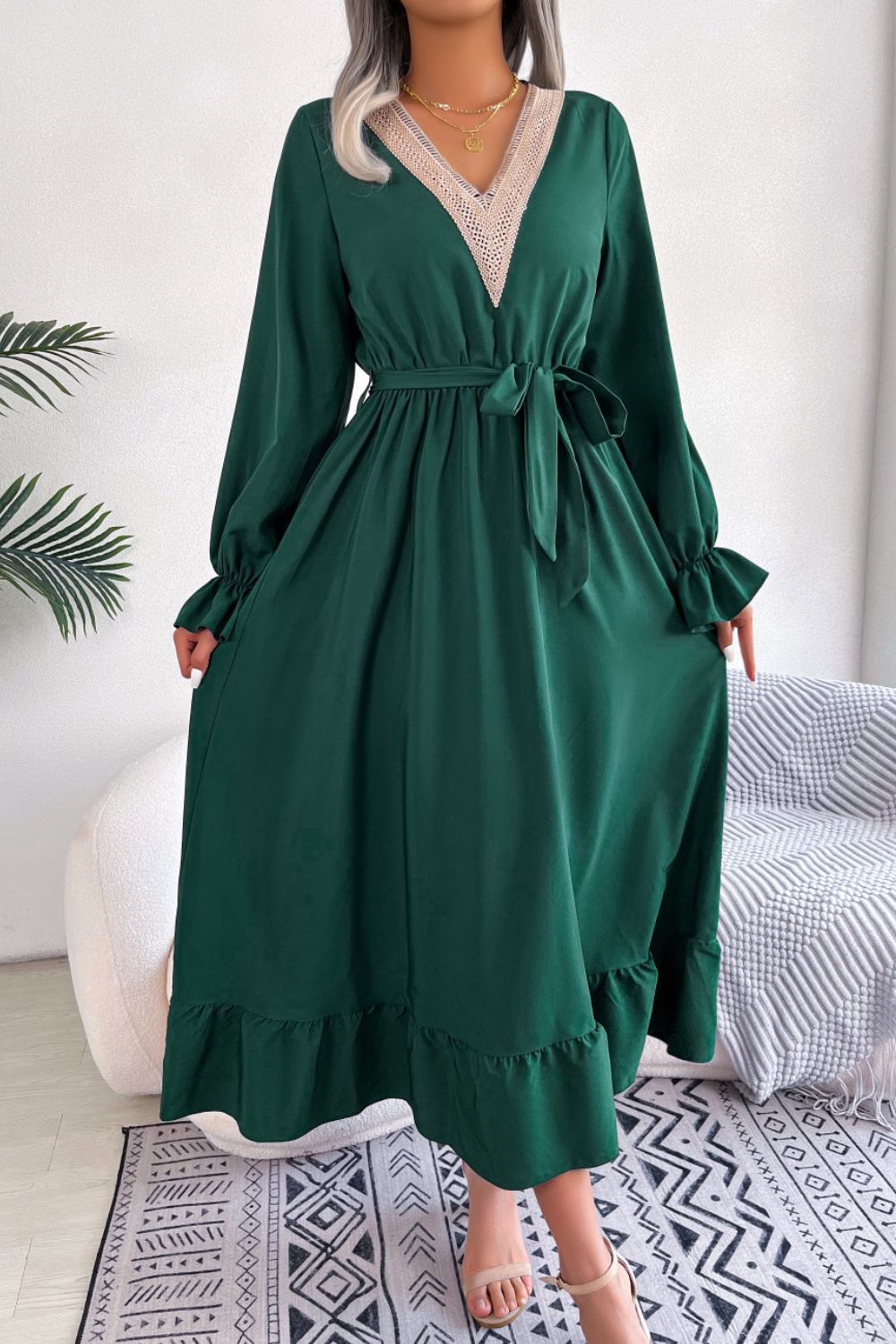 Contrast Belted Flounce Sleeve Dress - Runway Regalia