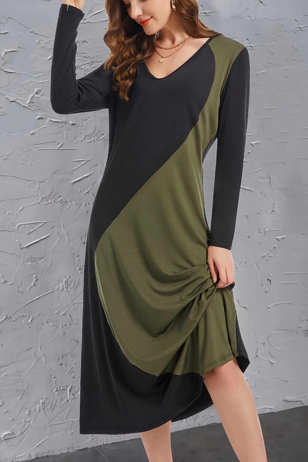 Contrast Long Sleeve Midi Dress - Runway Regalia