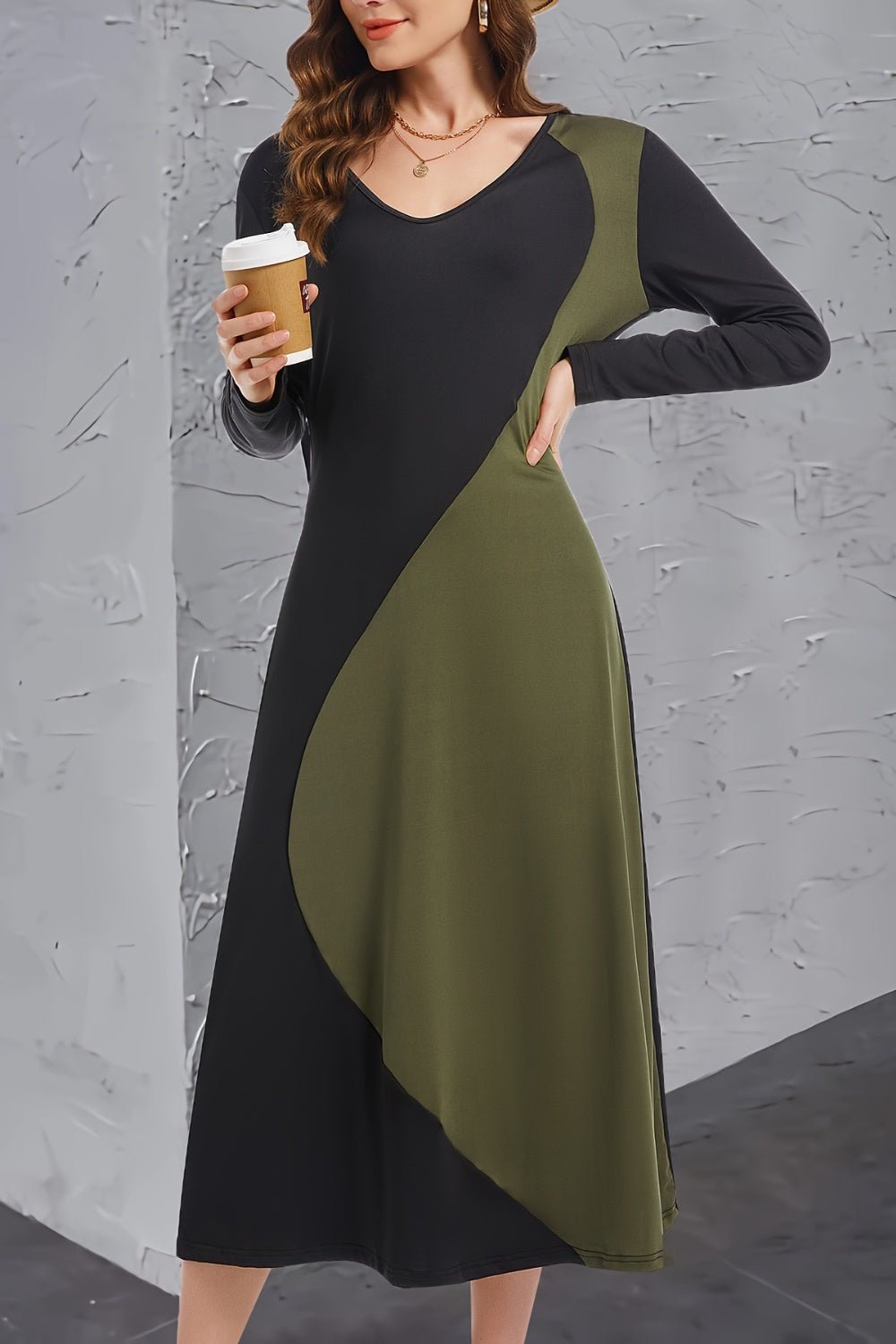 Contrast Long Sleeve Midi Dress - Runway Regalia