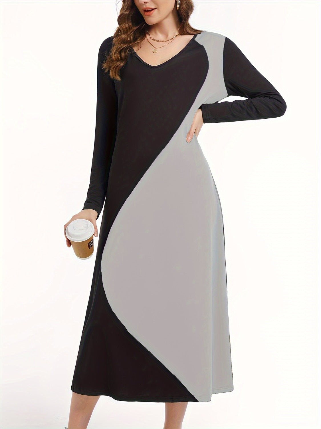 Contrast Long Sleeve Midi Dress - Runway Regalia