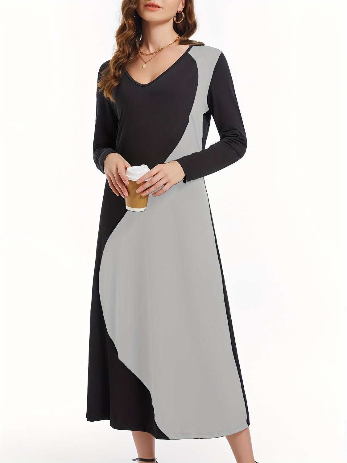 Contrast Long Sleeve Midi Dress - Runway Regalia