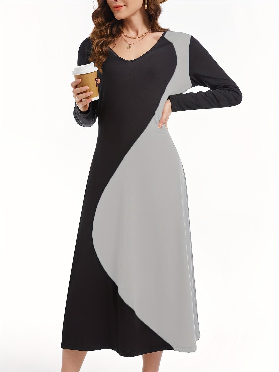 Contrast Long Sleeve Midi Dress - Runway Regalia