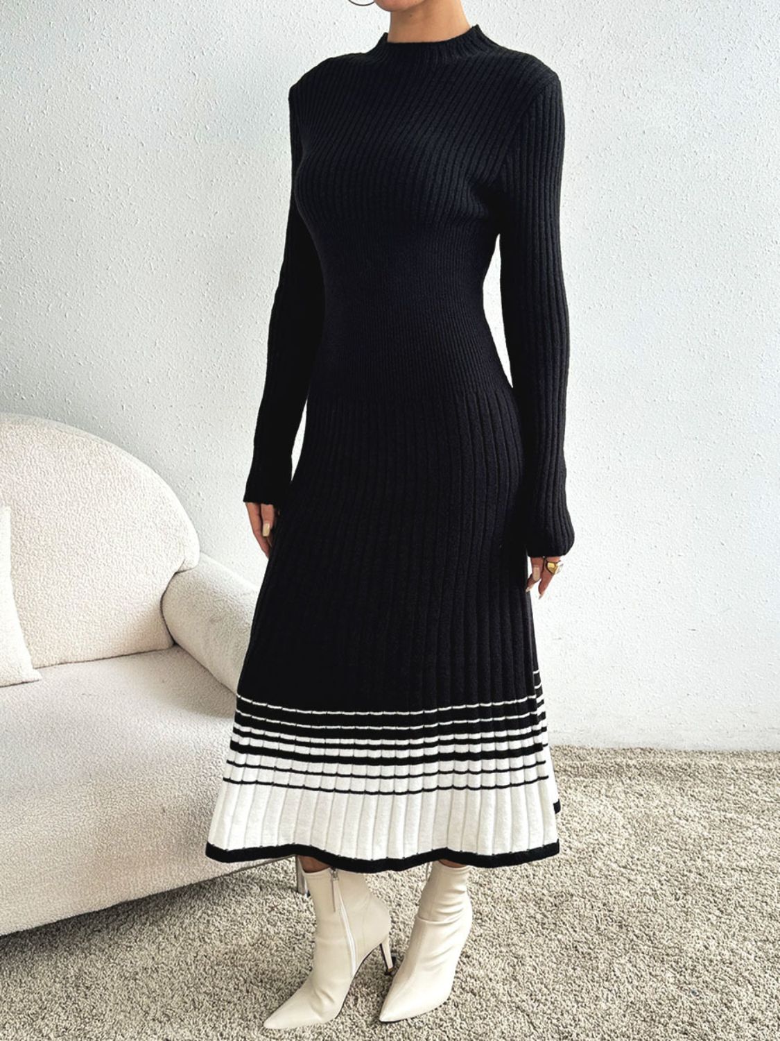 Contrast Mock Neck Long Sleeve Sweater Dress - Runway Regalia