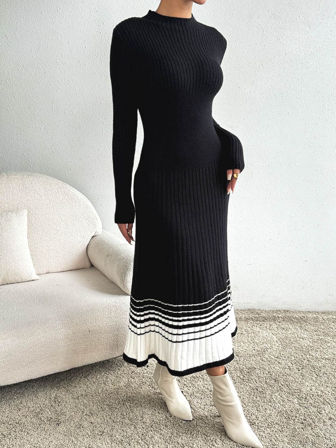 Contrast Mock Neck Long Sleeve Sweater Dress - Runway Regalia