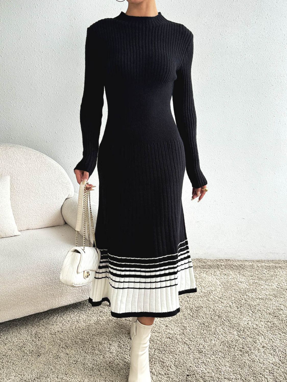 Contrast Mock Neck Long Sleeve Sweater Dress - Runway Regalia