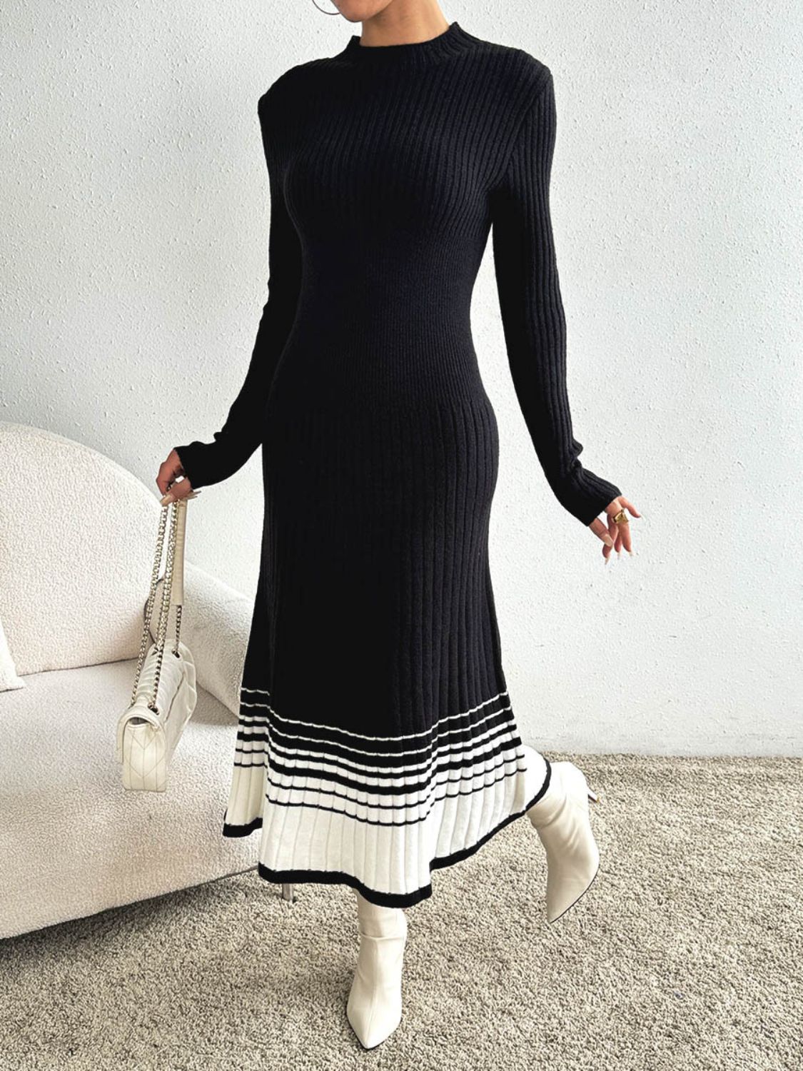 Contrast Mock Neck Long Sleeve Sweater Dress - Runway Regalia