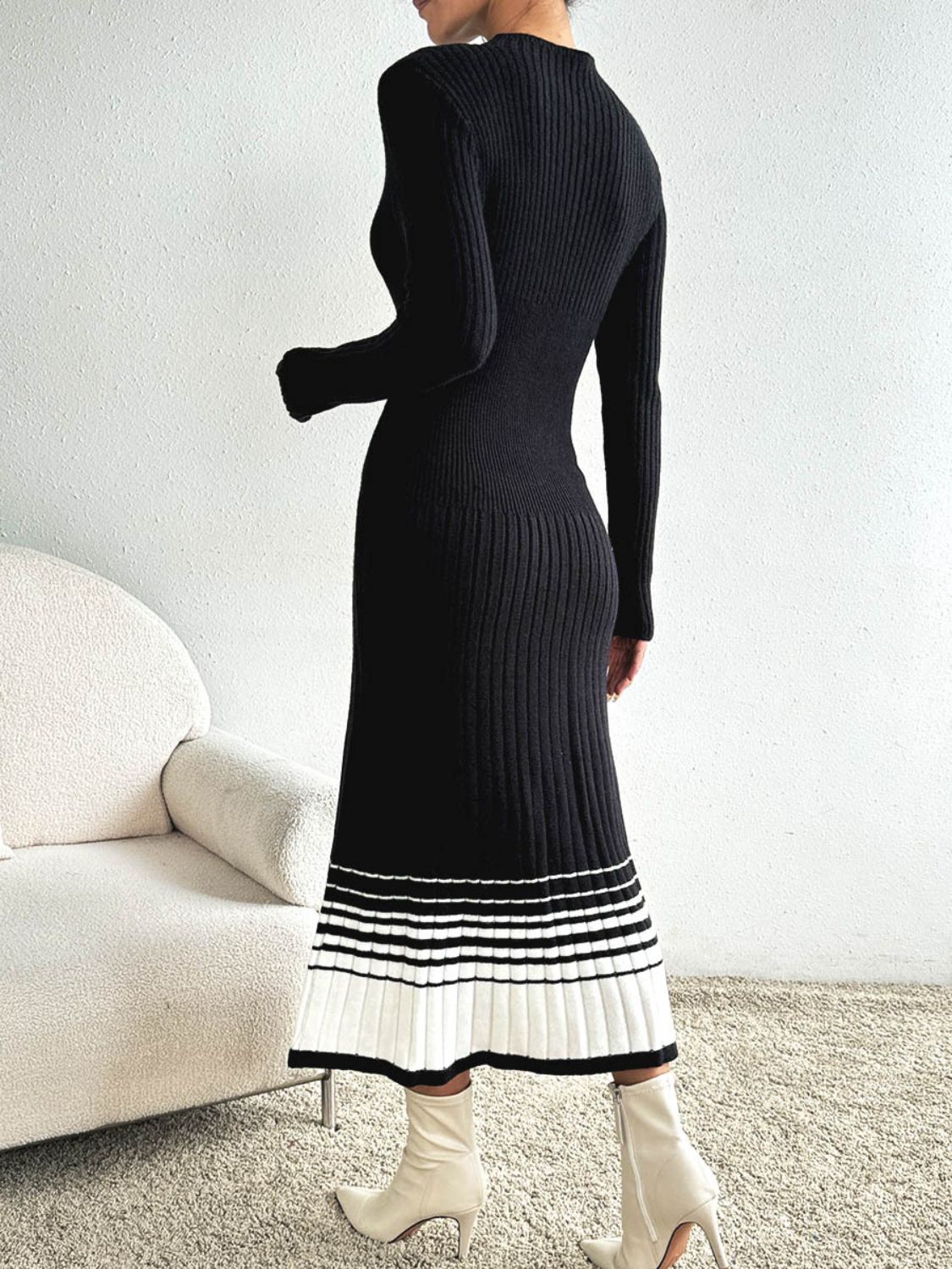 Contrast Mock Neck Long Sleeve Sweater Dress - Runway Regalia