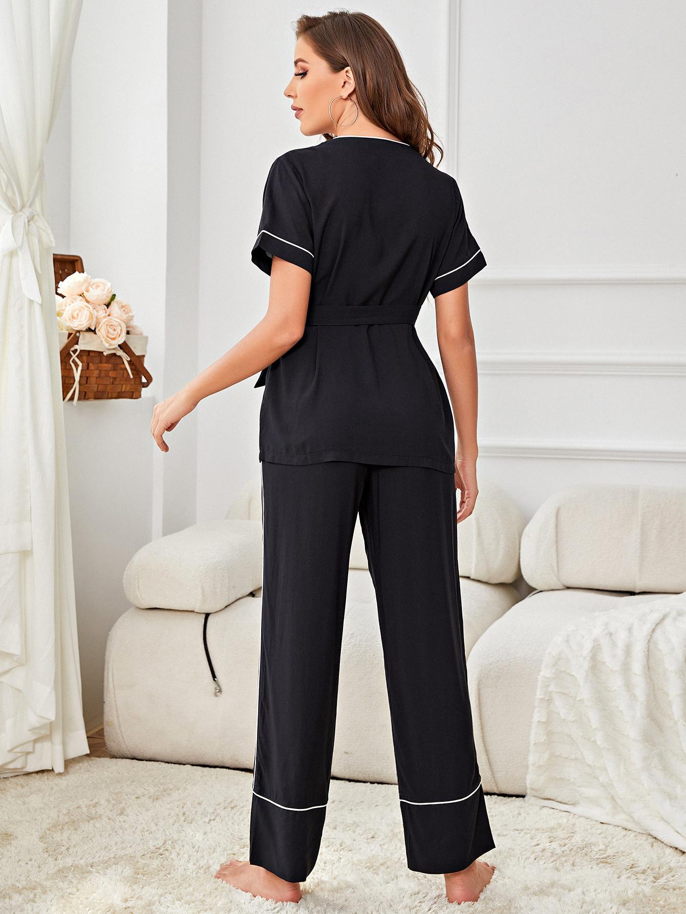 Contrast Piping Belted Top and Pants Pajama Set - Runway Regalia