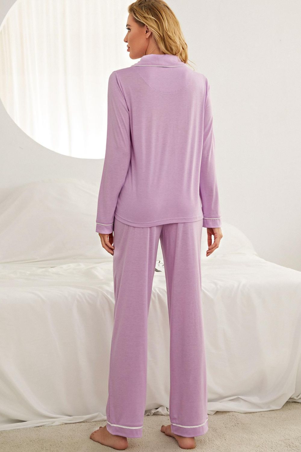 Contrast Piping Button Down Top and Pants Loungewear Set - Runway Regalia