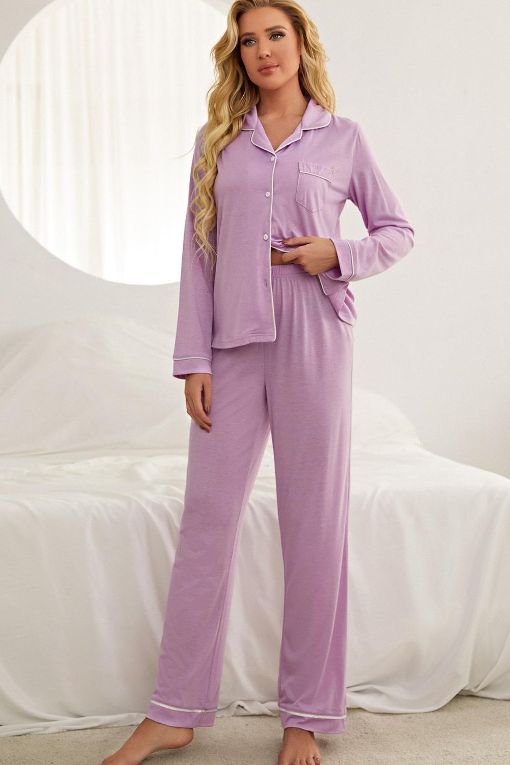 Contrast Piping Button Down Top and Pants Loungewear Set - Runway Regalia