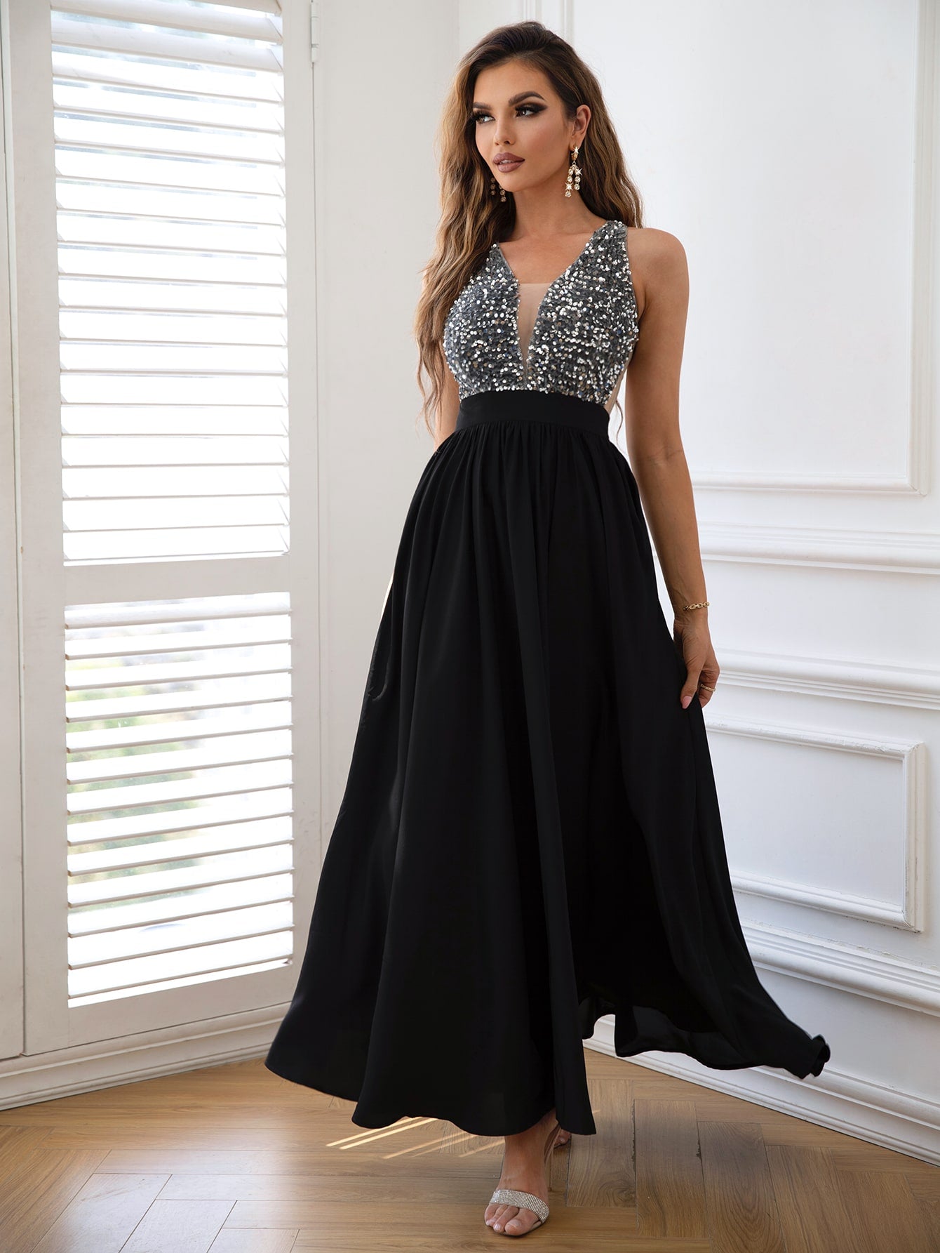 Contrast Sequin Sleeveless Maxi Dress - Runway Regalia