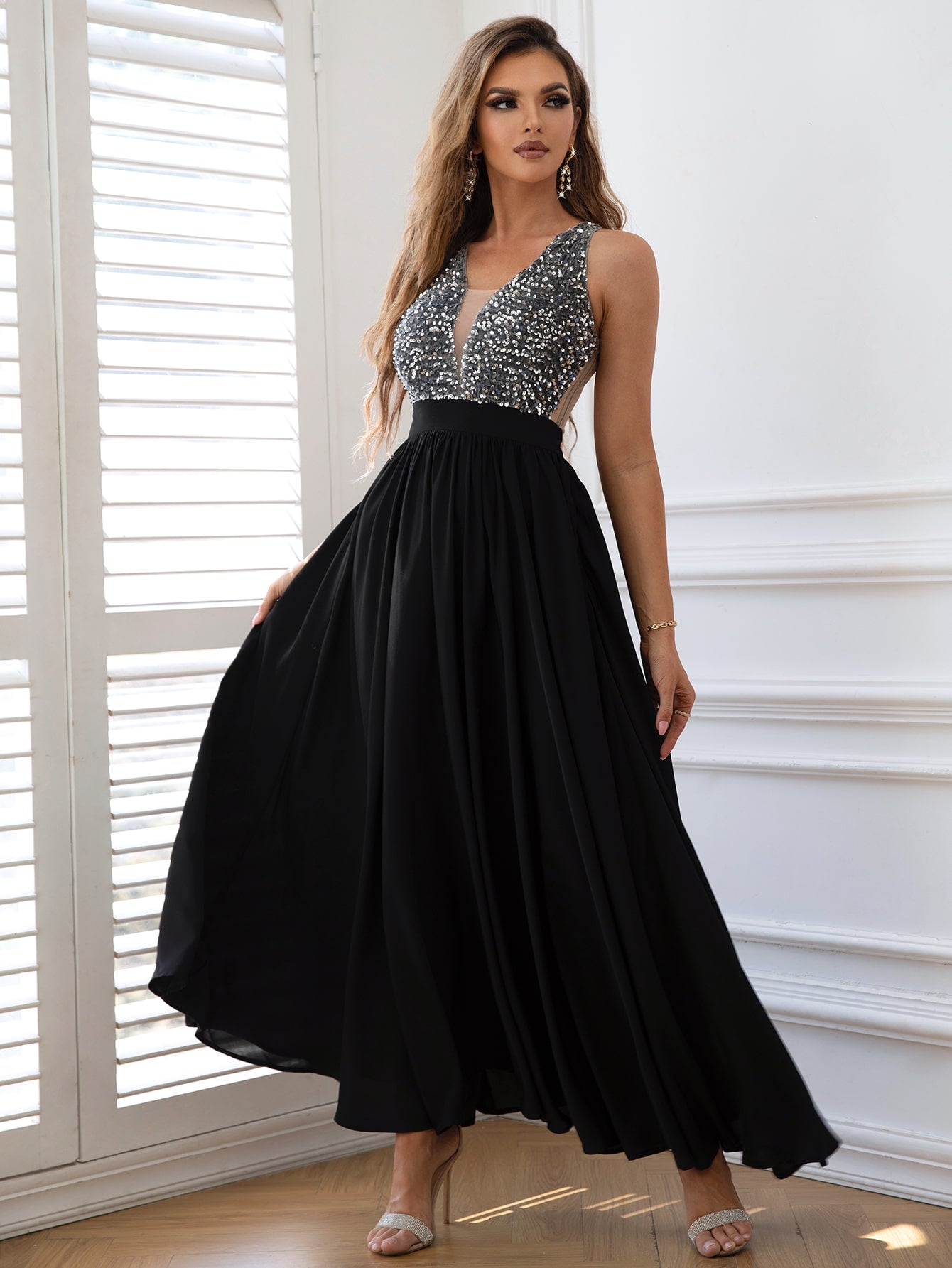 Contrast Sequin Sleeveless Maxi Dress - Runway Regalia