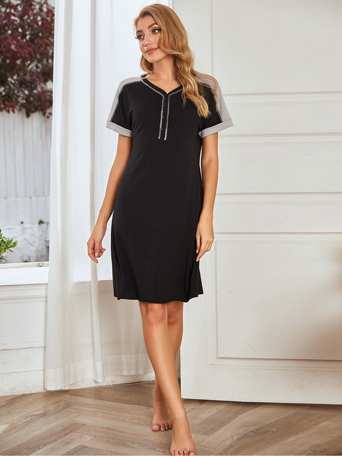 Contrast Stitching Contrast Short Sleeve Dress - Runway Regalia