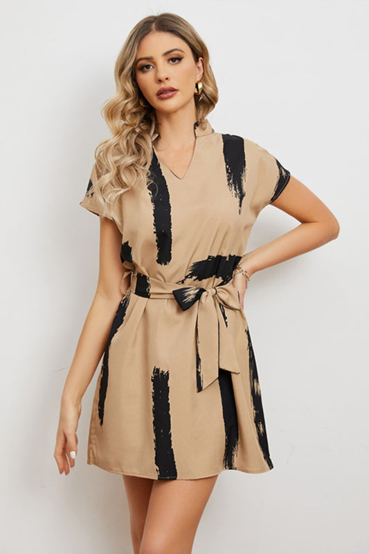 Contrast Tie Belt Notched Dress - Runway Regalia