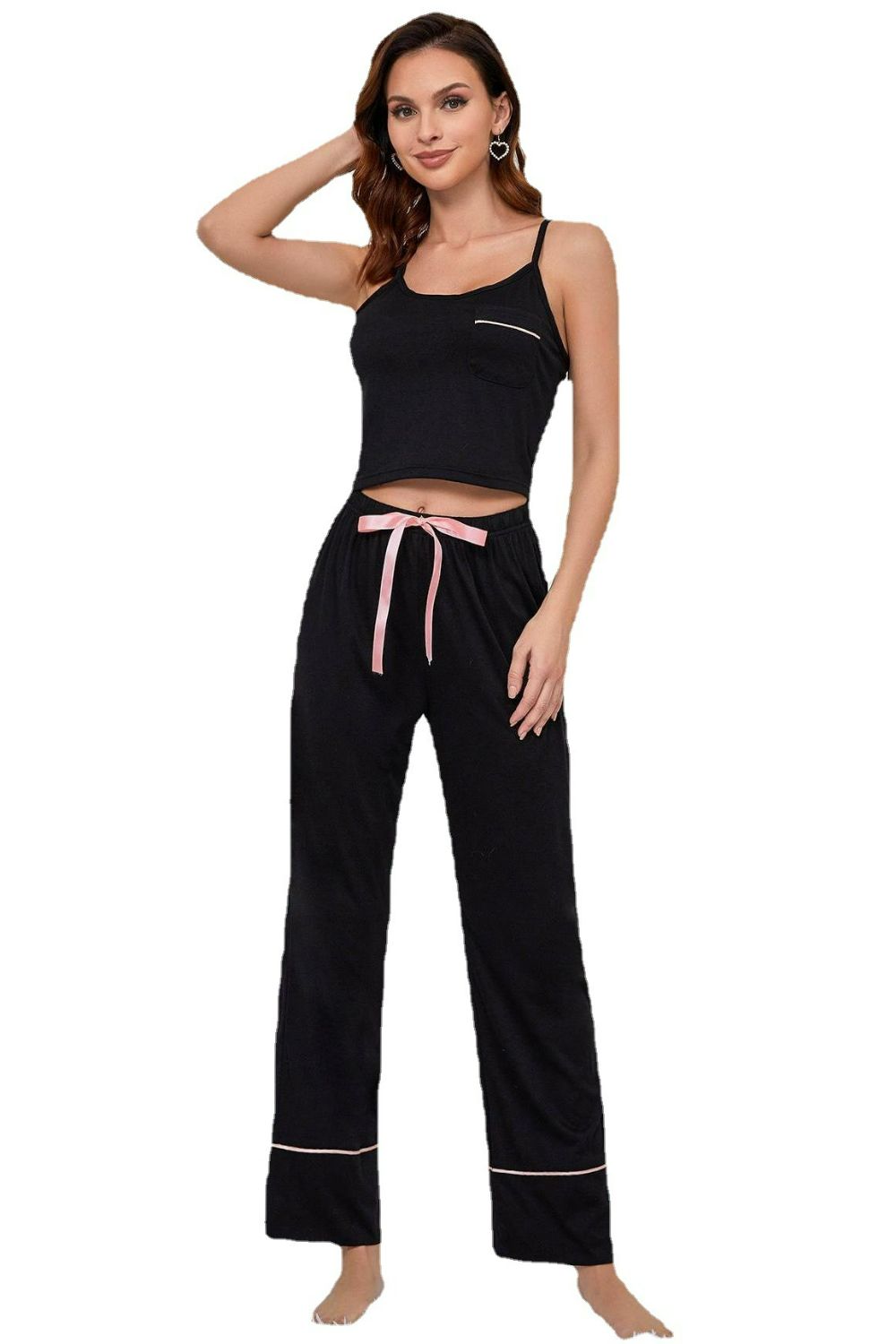 Contrast Trim Cropped Cami and Pants Loungewear Set - Runway Regalia