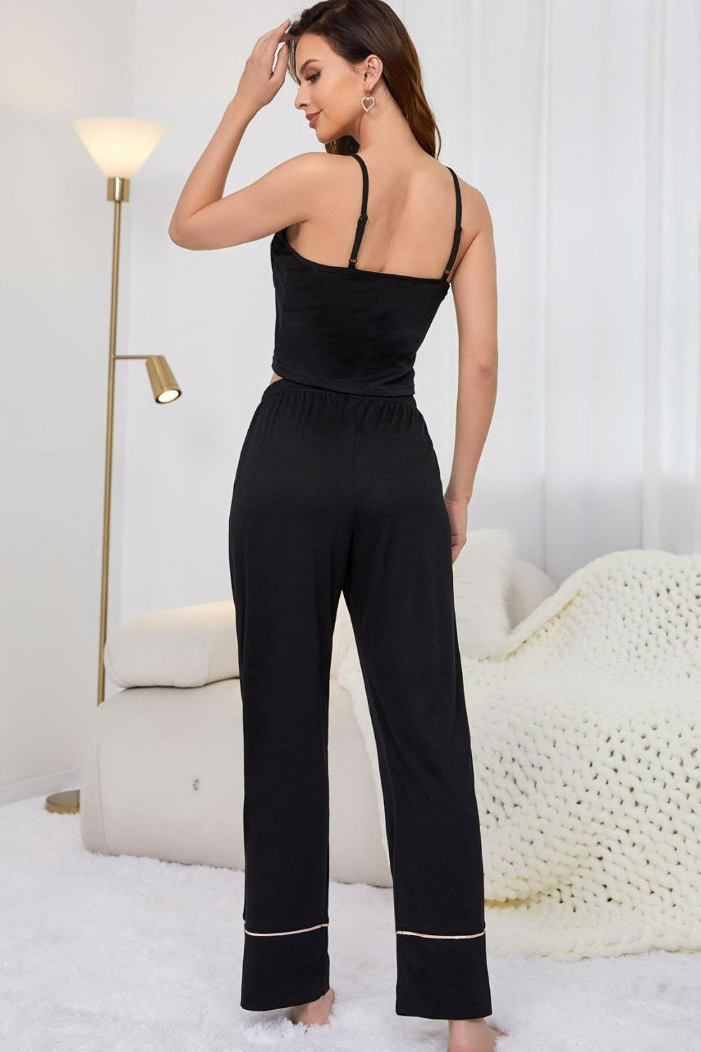 Contrast Trim Cropped Cami and Pants Loungewear Set - Runway Regalia