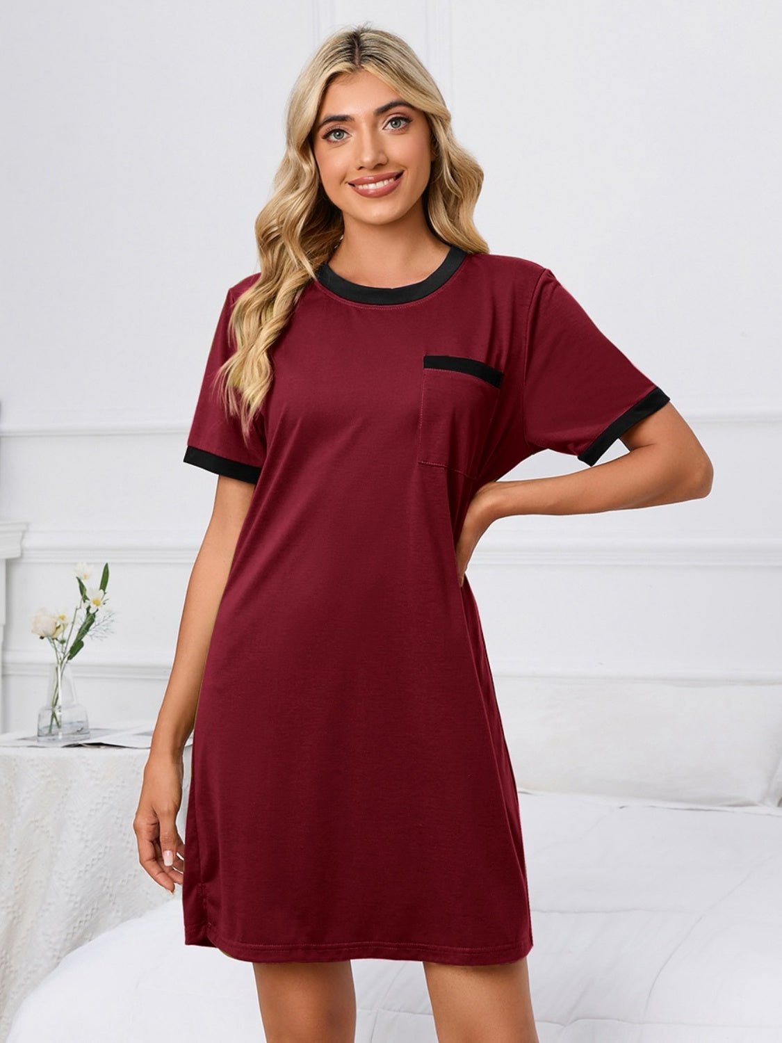 Contrast Trim Round Neck Mini Dress - Runway Regalia