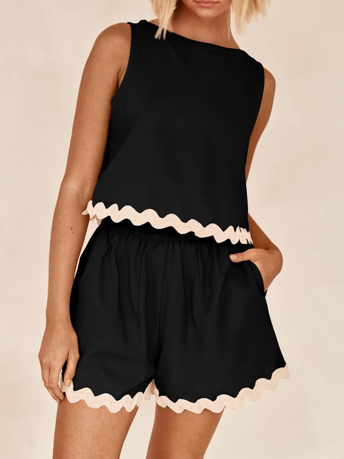 Contrast Trim Sleeveless Top and Shorts Set - Runway Regalia