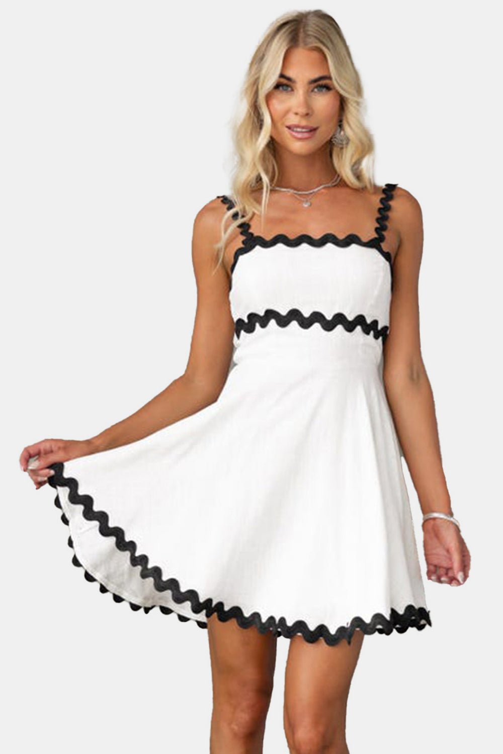 Contrast Trim Square Neck Mini Dress - Runway Regalia