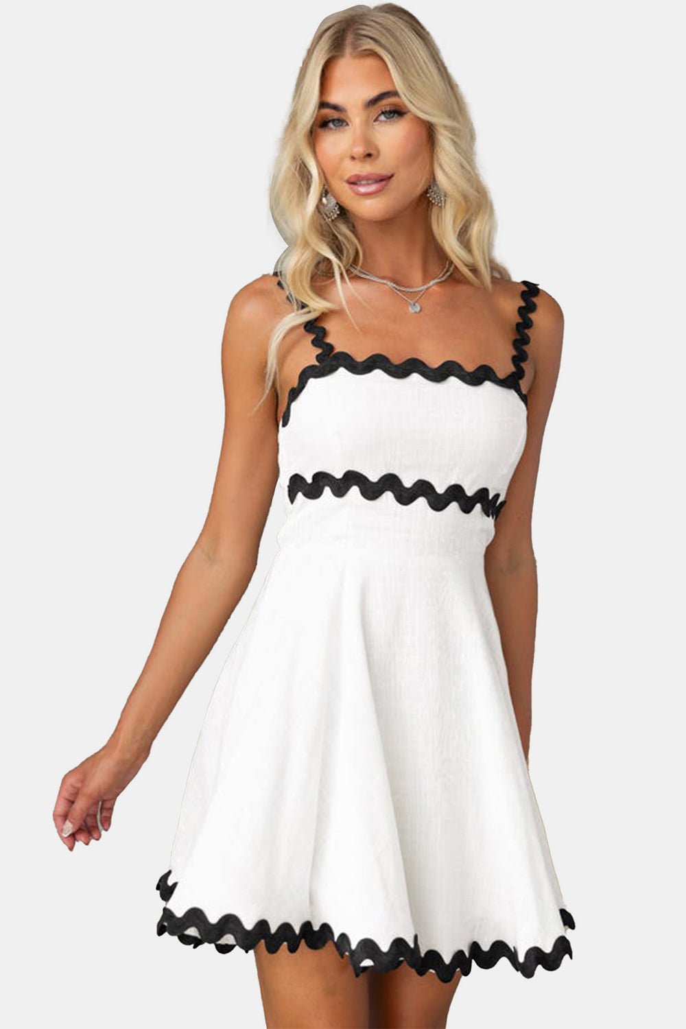 Contrast Trim Square Neck Mini Dress - Runway Regalia