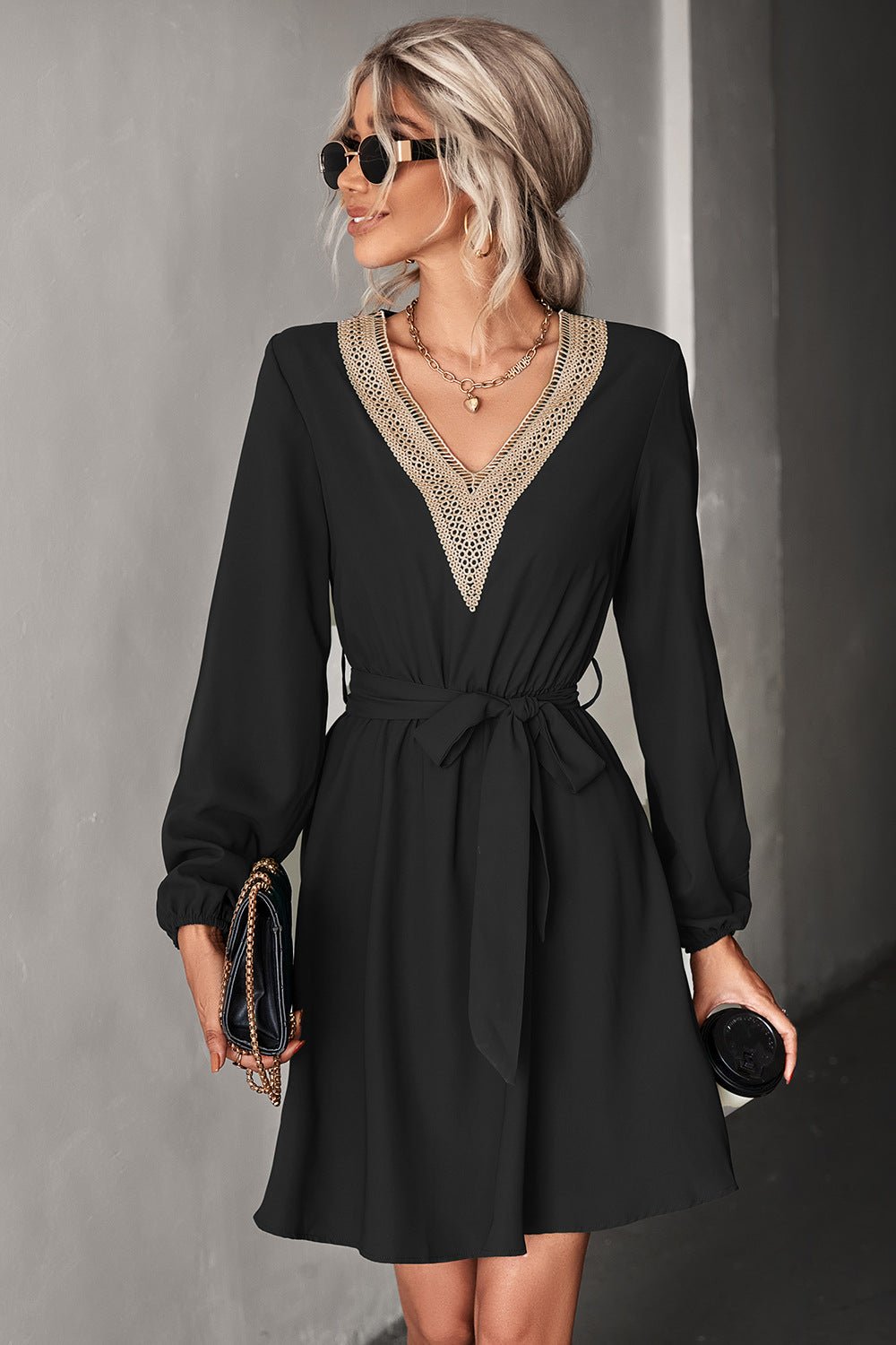 Contrast V - Neck Belted Dress - Runway Regalia